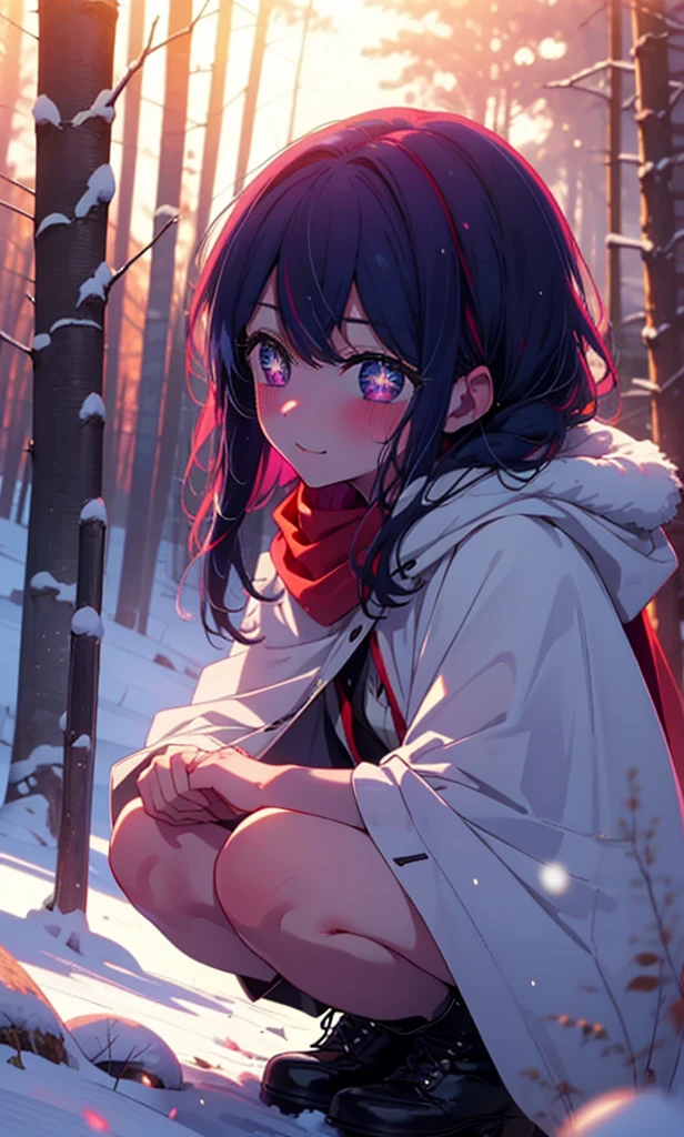 aihoshino, Ai Hoshino, Long Hair, bangs, (Purple eyes:1.1), Purple Hair, (Symbol-shaped pupil:1.5), smile,,smile,blush,White Breath,
Open your mouth,snow,Ground bonfire, Outdoor, boots, snowing, From the side, wood, suitcase, Cape, Blurred, , forest, White handbag, nature, Squat, Mouth closed, Cape, winter, Written boundary depth, Black shoes, red Cape break looking at viewer, Upper Body, whole body, break Outdoor, forest, nature, break (masterpiece:1.2), Highest quality, High resolution, unity 8k wallpaper, (shape:0.8), (Beautiful and beautiful eyes:1.6), Highly detailed face, Perfect lighting, Extremely detailed CG, (Perfect hands, Perfect Anatomy),