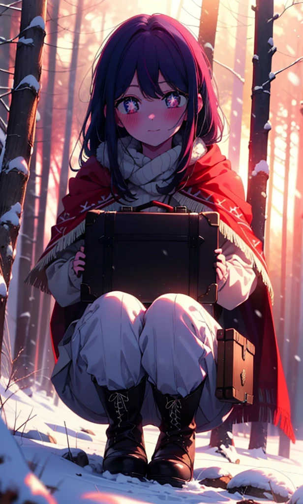 aihoshino, Ai Hoshino, Long Hair, bangs, (Purple eyes:1.1), Purple Hair, (Symbol-shaped pupil:1.5), smile,,smile,blush,White Breath,
Open your mouth,snow,Ground bonfire, Outdoor, boots, snowing, From the side, wood, suitcase, Cape, Blurred, , forest, White handbag, nature,  Squat, Mouth closed, Cape, winter, Written boundary depth, Black shoes, red Cape break looking at viewer, Upper Body, whole body, break Outdoor, forest, nature, break (masterpiece:1.2), Highest quality, High resolution, unity 8k wallpaper, (shape:0.8), (Beautiful and beautiful eyes:1.6), Highly detailed face, Perfect lighting, Extremely detailed CG, (Perfect hands, Perfect Anatomy),