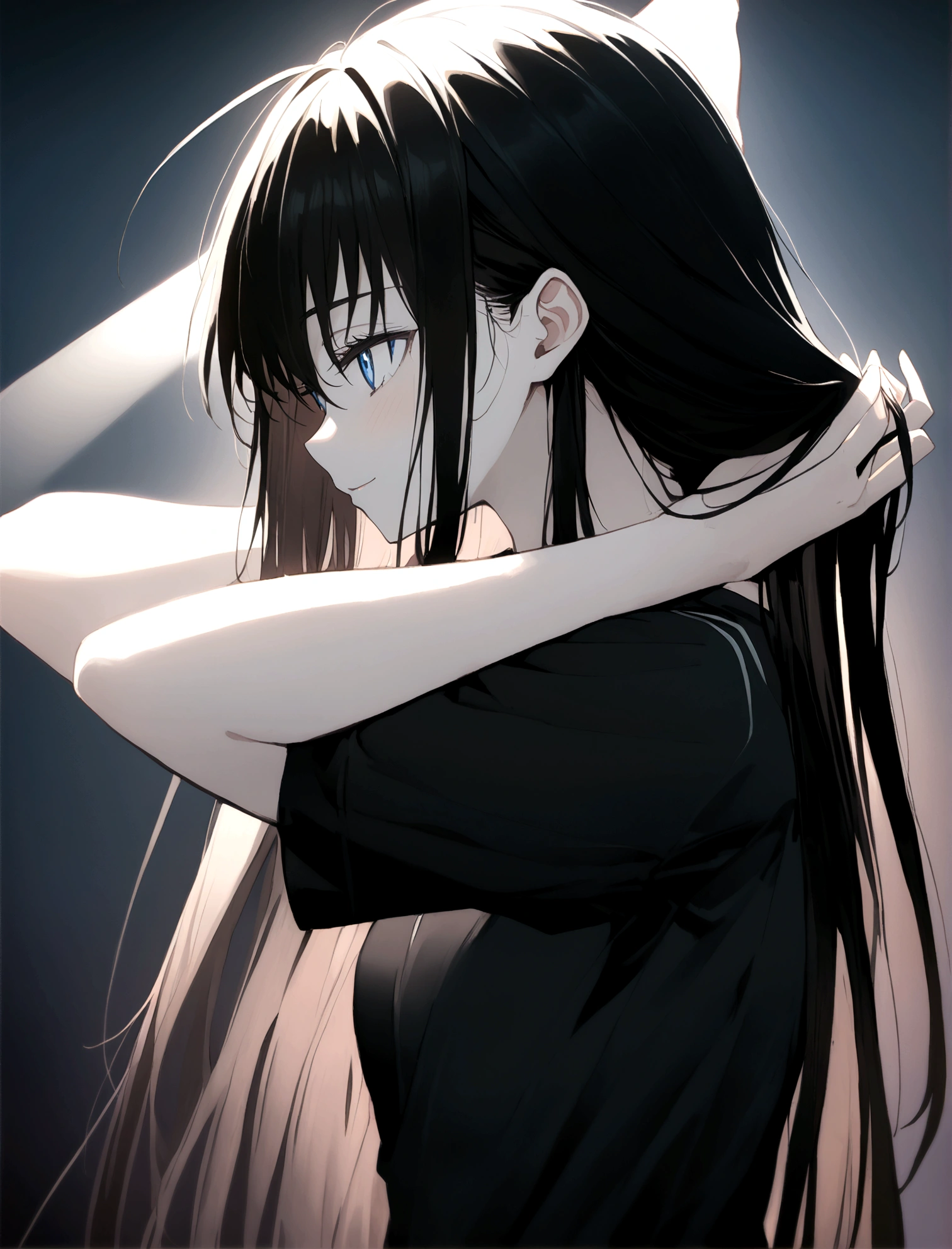 ((Generate a half-length anime portrait of a captivating scene featuring a stunning 20-year-old girl,)) ((semi lateral view,)) with medium long black hair, evil smile, with sports shorts and a black shirt. ((with his arms raised playing with his hair,)) piercing, blue eyes, medium chest, photography style ,