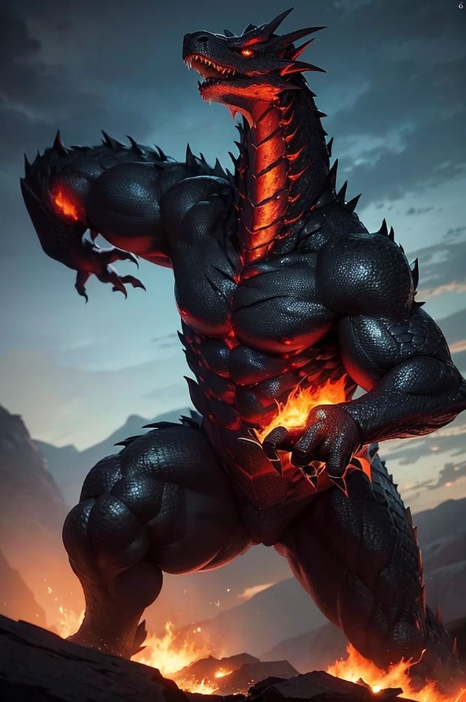 "Create a high-quality animation of a colossal, fearsome dragon, towering over a city, breathing fire directly towards the viewer. The dragon's immense size should dwarf the buildings below, with its scales glistening with an eerie, metallic sheen. Its eyes should blaze with ancient power, and its roar should shake the very ground. The background should feature a dramatic, fiery landscape with towering mountains and a dark, stormy sky. The animation should capture the intensity and ferocity of the dragon, with dynamic lighting and fluid motion, emphasizing its enormous size and destructive power. Highly detailed, hyper-realistic, dramatic lighting, dynamic composition."