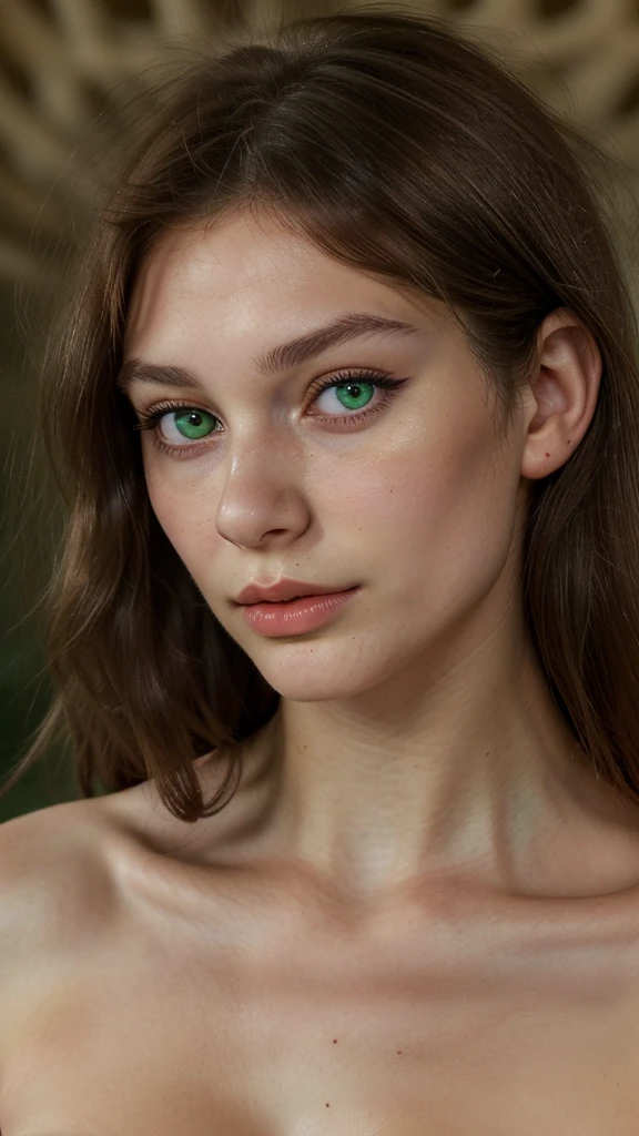 Young French woman, 22 years old, high cheekbones, mysterious look, heart-shaped face, green eyes, hunter's eye shape, long eyelashes, full lips, small nose, straight brown hair