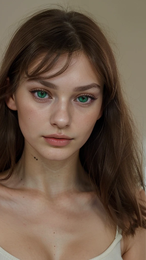 Young French woman, 22 years old, high cheekbones, mysterious look, heart-shaped face, green eyes, hunter's eye shape, long eyelashes, full lips, small nose, straight brown hair