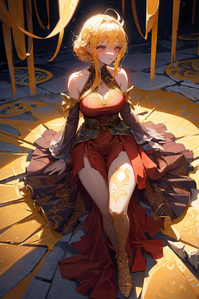 In a realm of ethereal magic, where fire dances at your command, she emerges as a figure of ravishing beauty and uncontrollable power. Her golden hair cascades down to her waist, Shining like molten gold in the sunlight. A glittering gold crown adorns her head, symbolizing his domination and intimate connection with fire.
Their eyes, intense and seductive, are adorned with an intricate tattoo that resembles fiery tears, elegantly tracing your cheekbones. This brand not only adds to its mystique, but also reveals the emotional depth behind his powerful facade.
She wears a tight red jumpsuit that appears to pulse with internal flames., accented by intricate golden patterns that sparkle provocatively with every movement. A fluid and elegant skirt, with delicate golden details that seem to twist like tentacles of desire around her, completes your wraparound costume.
In your hand, floats with grace an ancient grimoire, its pages softly illuminated by enchanting runes and symbols that hint at the powerful spells she commands with irresistible charm..
Their eyes, burning with the intensity of your magic, reflect both power and a seductive charm that captivates all who dare to contemplate it. She embodies the perfect fusion of sensual beauty and mystical strength, a fire mage whose presence ignites the senses and ignites fascination in those who dare approach her fiery embrace.
