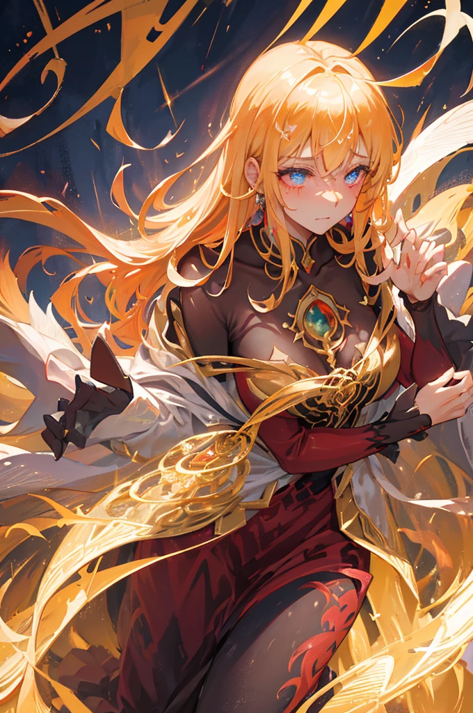 In a realm of ethereal magic, where fire dances at your command, she emerges as a figure of ravishing beauty and uncontrollable power. Her golden hair cascades down to her waist, Shining like molten gold in the sunlight. A glittering gold crown adorns her head, symbolizing his domination and intimate connection with fire.

Their eyes, intense and seductive, are adorned with an intricate tattoo that resembles fiery tears, elegantly tracing your cheekbones. This brand not only adds to its mystique, but also reveals the emotional depth behind his powerful facade.

She wears a tight red jumpsuit that appears to pulse with internal flames., accented by intricate golden patterns that sparkle provocatively with every movement. A fluid and elegant skirt, with delicate golden details that seem to twist like tentacles of desire around her, completes your wraparound costume.

In your hand, floats with grace an ancient grimoire, its pages softly illuminated by enchanting runes and symbols that hint at the powerful spells she commands with irresistible charm..

Their eyes, burning with the intensity of your magic, reflect both power and a seductive charm that captivates all who dare to contemplate it. She embodies the perfect fusion of sensual beauty and mystical strength, a fire mage whose presence ignites the senses and ignites fascination in those who dare approach her fiery embrace.