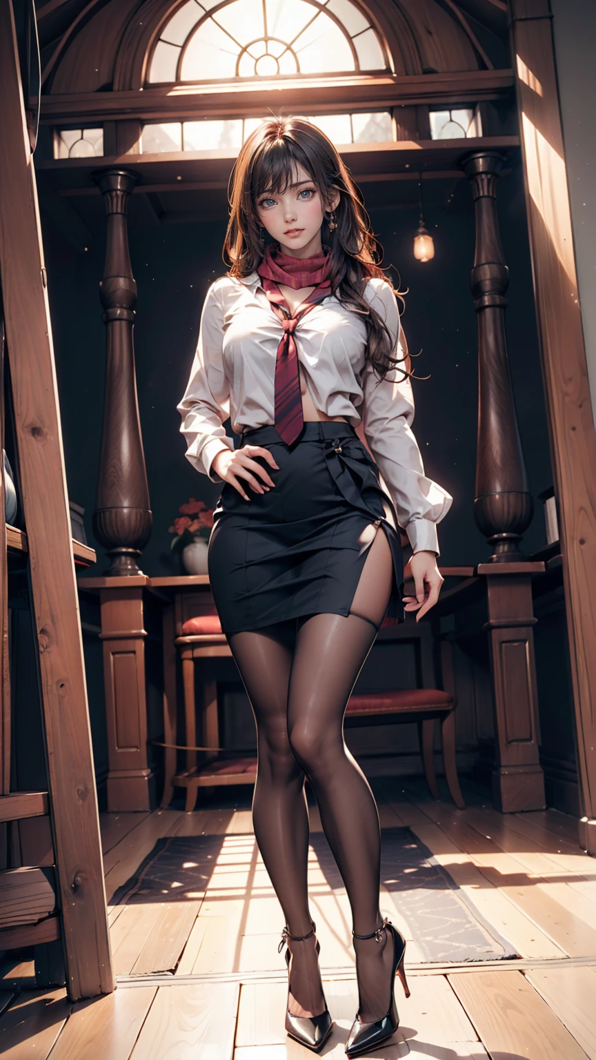 Photography in the studio、Posing in front of the horizon、Sexy proportions、24-year-old female、Scarf Tie Blouse((scarf tie brouse))、Tight Skirt、Black Stockings、Stiletto heels、Arms crossed((Chest lifted))、Hime cut((hime cut))