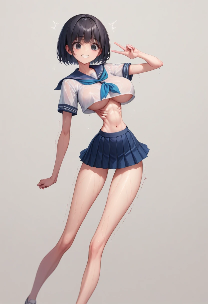 (masterpiece, best quality:1.2), front shot, beautiful 1girl, (super big breasts, micro waist, very long legs:1.3), Black hair, short bob hair, short height, scrawny and thin body, Very thin abdomen, Light Skin, cute big eyes, cute beautiful thin face, forced smile, Modest, serafuku, mini skirt, pigeon-toed, (Arched back), wet and sweaty, (visible ribs:1.3), Long and thin navel, V sign, Trembling