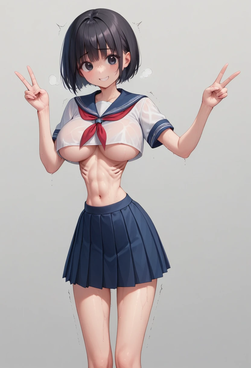 (masterpiece, best quality:1.2), front shot, beautiful 1girl, (super big breasts, micro waist, very long legs:1.3), Black hair, short bob hair, short height, scrawny and thin body, Very thin abdomen, Light Skin, cute big eyes, cute beautiful thin face, forced smile, Modest, serafuku, mini skirt, pigeon-toed, (Arched back), wet and sweaty, (visible ribs:1.3), Long and thin navel, V sign, Trembling