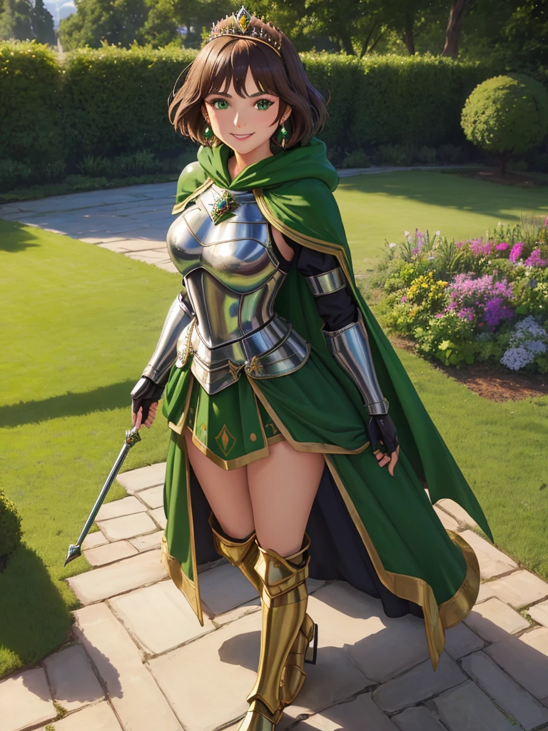 masterpiece, best quality:1.2), 1girl, smile, looking at viewer, green eyes, short brown hair, princess, armor, , pauldrons, armored dress, green cloak cape, wearing puffy blue ballgown skirt, golden tiara with green gem, armored boots, fingerless gloves, standing in medieval garden