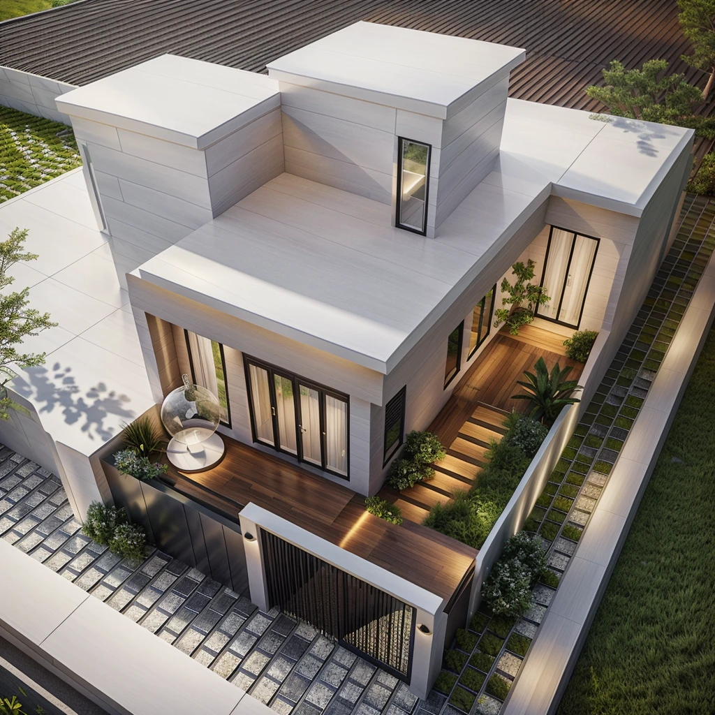 Modern architectural works, Wall finishing materials are mainly white paint and gray ceramic stone tiles, The roof floor is covered with gray ceramic tiles, white xingfa aluminum door with clear white tempered glass, ( warm interior lighting 1.2), garden wooden outdoor plastic wood flooring, Realistic green landscape, Photorealistic photos, high solution, 2k