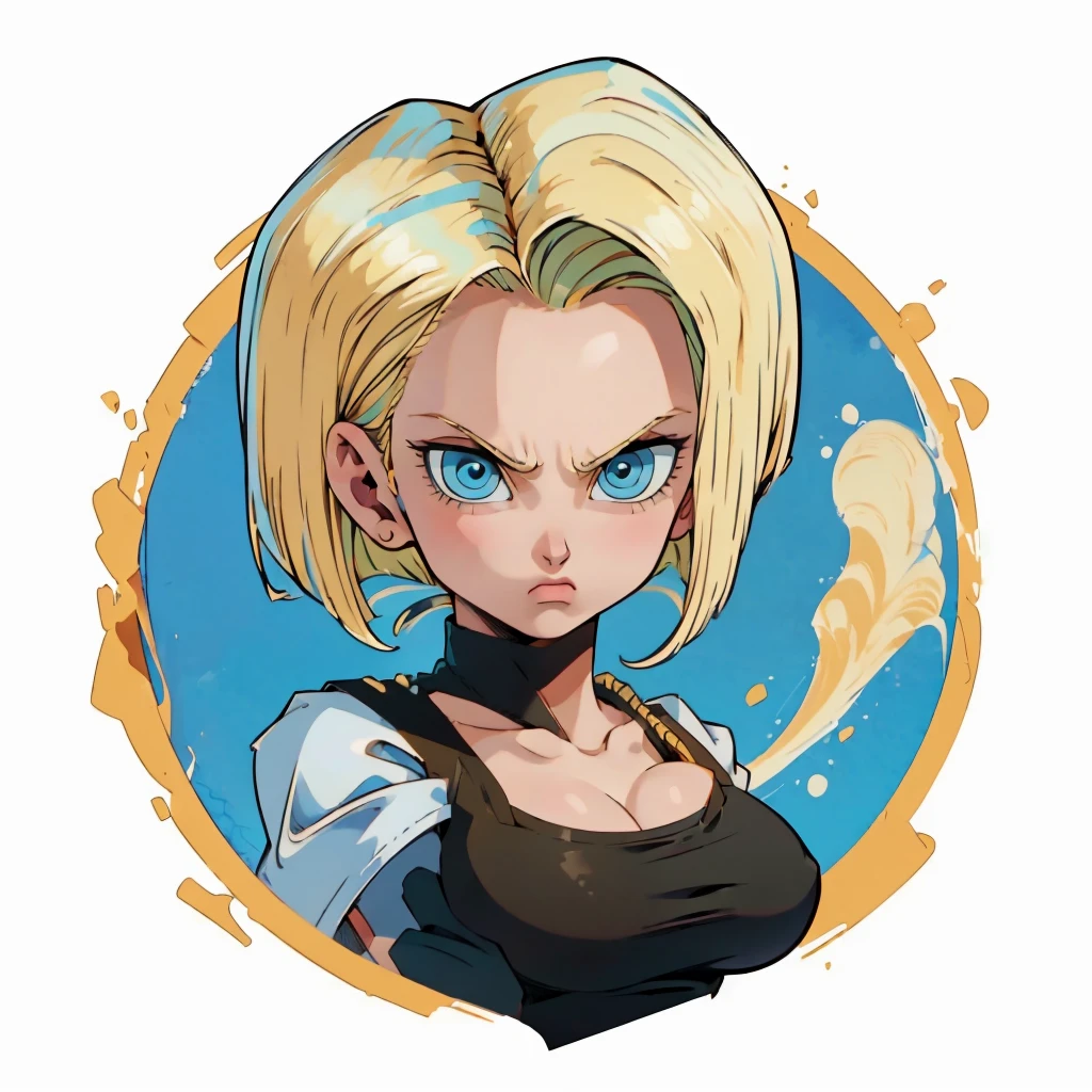 ((1girl,  android 18 , blonde hair, short hair, blue eyes, 1girl, white background, blonde hair, white shirt, angry eyes)), upper body, anatomically correct, short hair, chibi, simple background, cleavage, looking at the viewer, 