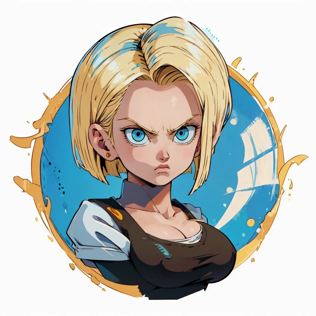 ((1girl,  android 18 , blonde hair, short hair, blue eyes, 1girl, white background, blonde hair, white shirt, angry eyes)), upper body, anatomically correct, short hair, chibi, simple background, cleavage, looking at the viewer, 