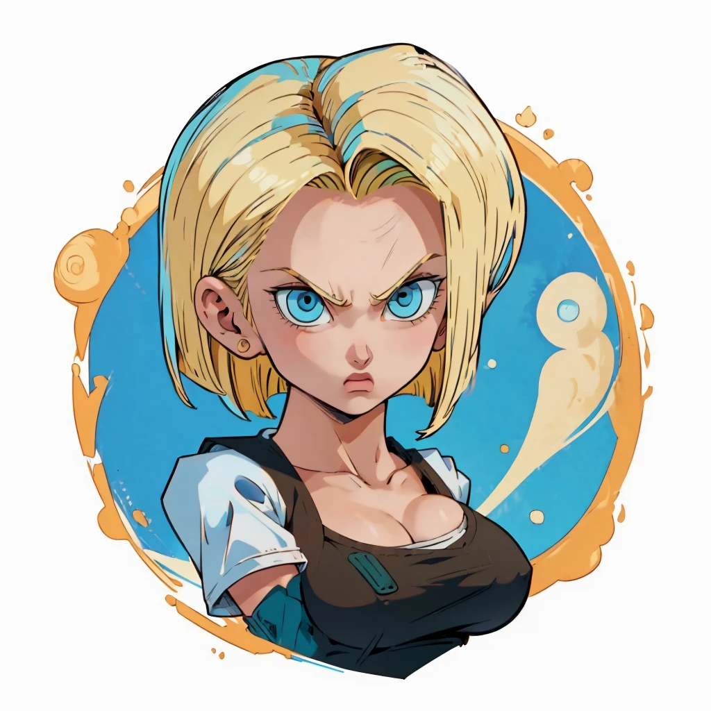 ((1girl,  android 18 , blonde hair, short hair, blue eyes, 1girl, white background, blonde hair, white shirt, angry eyes)), upper body, anatomically correct, short hair, chibi, simple background, cleavage, looking at the viewer, 