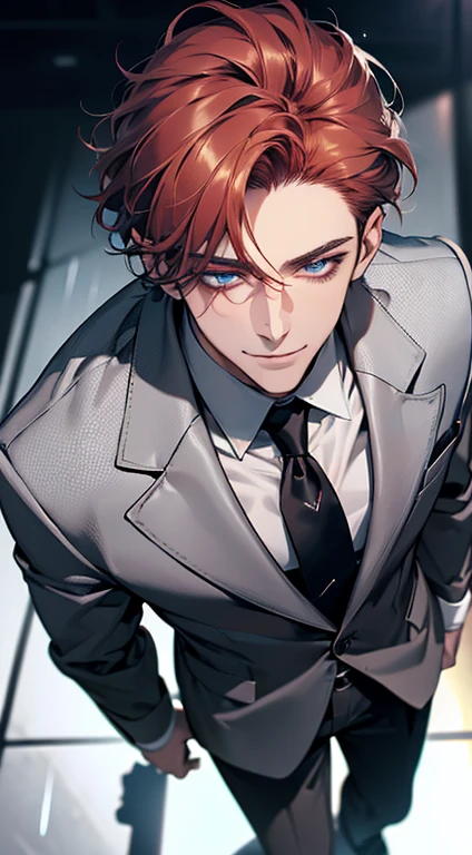(best quality,8k,photorealistic,cinematic lighting,1:4 hdr image,top view,ultra detailed,masterpiece,beautiful image),(mature man),(very handsome),(short grey red hair),(grey blue eyes),(perfect face without errors),(buttoning his jacket,CEO),(smile in love)
