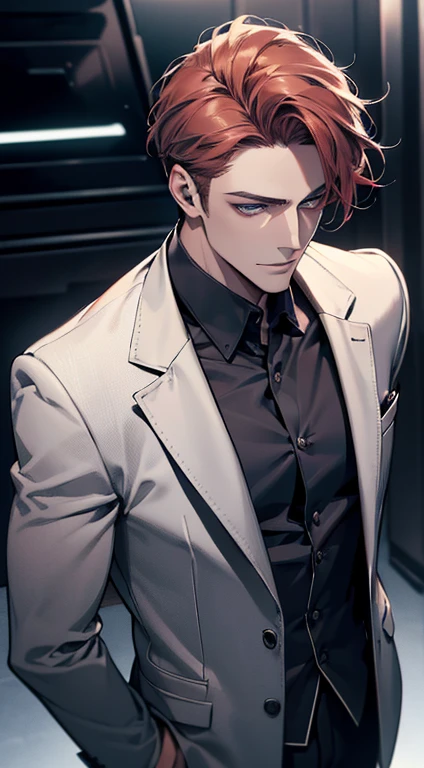 (best quality,8k,photorealistic,cinematic lighting,1:4 hdr image,top view,ultra detailed,masterpiece,beautiful image),(mature man),(very handsome),(short grey red hair),(grey blue eyes),(perfect face without errors),(buttoning his jacket,CEO),(smile in love)