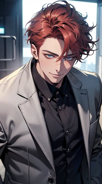 (best quality,8k,photorealistic,cinematic lighting,1:4 hdr image,top view,ultra detailed,masterpiece,beautiful image),(mature man),(very handsome),(short grey red hair),(grey blue eyes),(perfect face without errors),(buttoning his jacket,CEO),(smile in love)