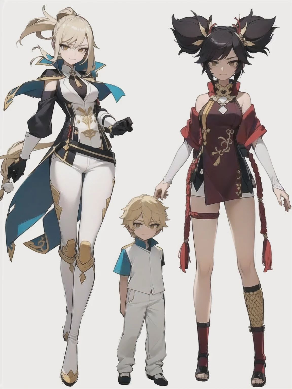 Genshin Impact's Jean and Xinyan who are wives of 4 years old boy looking at camera, seductive smiles, portrait, various hair