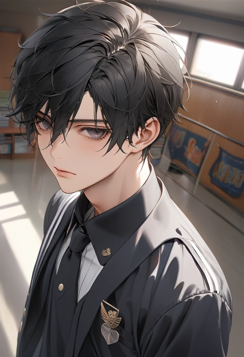 A highschool boy, handsome, perfect body, black hair, short hair, mullet, black eyes, upturned eyes, expressionless, black highschool uniform, anime, first-person view, masterpiece, anatomically correct, high details, highres, best quality, super detail, 1080P