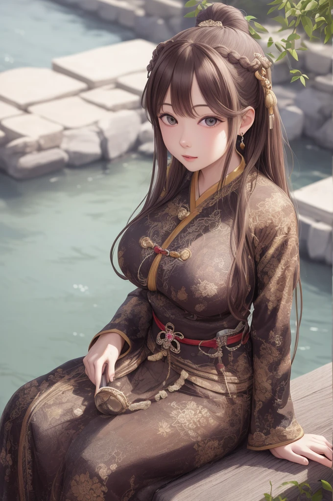 upper body, oil painting, masterpiece, best quality, highres, long brown hair, jewelry hairpin, large breast,riverside and rock or temple or bridge, extremely clothes, sitting, (song Dynasty, song clothing:1.2),