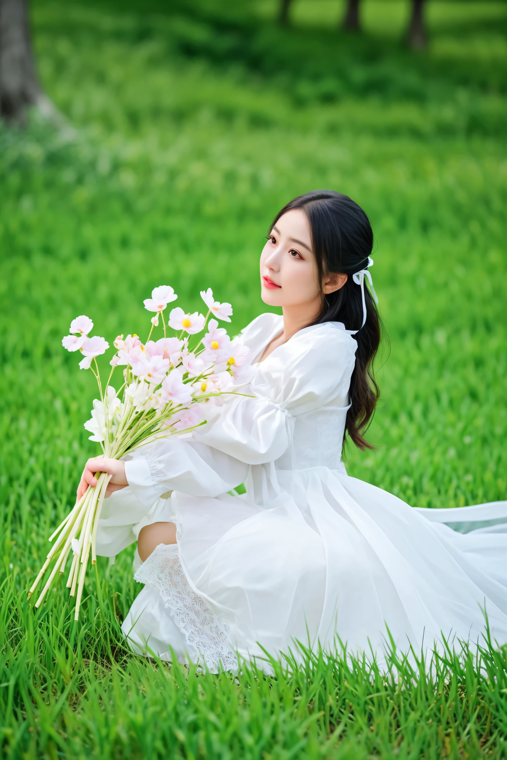 arafed woman in a white dress sitting in a field holding a bunch of flowers, with flowers, in a field with flowers, white hanfu, holding flowers, girl in a flower field, girl sitting in a flower field, a cute young woman, a beautiful woman in white, sha xi, young asian girl, girl frontal in a flower field, carrying flowers