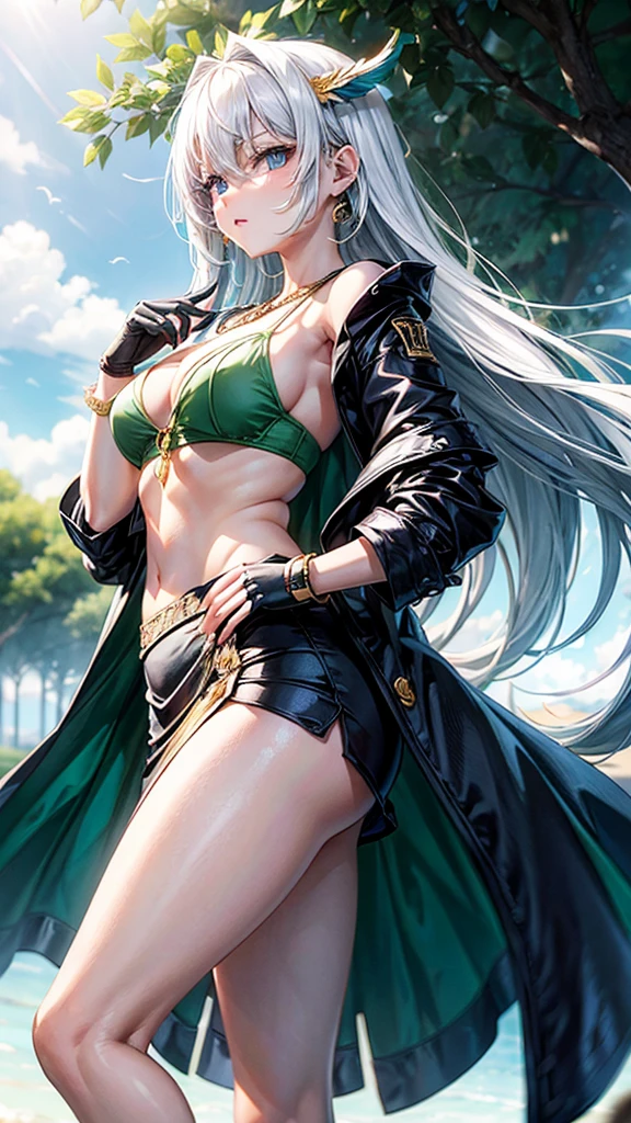 score_9, score_8_up, score_7_up, score_6_up, score_5_up, score_4_up, source_anime,
ultra quality, young woman, high, bright skin, White hair,t-shirt,strappy, slim, topic, skirt,Delete,coat,black high heels ,stocking, green eyes, summer, bracelets, park, Height,piquancy,Exquisitely,long gloves,open shoulders,necklace, for the whole growth.
good drawing of the eyes,ultra quality,I look at the viewer