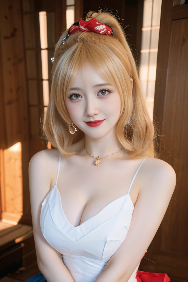 best quality, tmasterpiece,Ultra-high resolution,Clear face,（Reality：1.4），ferpect lighting，(upper body photo:1.5), (photorealistic:1.50), anime wallpaper, Guviz style artwork, cover-up fantasy up to magic , by Yang J, Guviz, beautiful artwork illustration, beautiful digital artwork, beautiful digital illustration, Li Song, beautiful anime portrait, art style in Beauvot, 1girl, (intricate white sleeveless maid clothes:1), (Kpop idol), (aegyo sal:1), (busty), ((cleavage)), (curvy), large breasts, huge breasts, (light blonde twintail:1), ((puffy eyes)), from below, looking at viewer, laughing, happy 