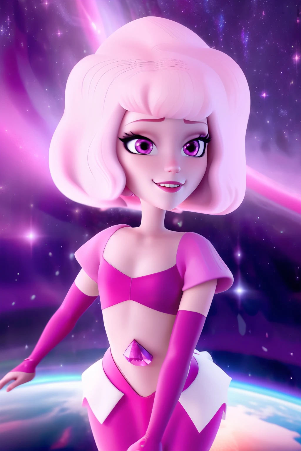 pnkdamond, pink hair, pink eyes,  long hair,  stomach gem,  pink skin,  toned, 
puffy short sleeves, elbow gloves ,  white thighs,   Puffy dress, 
standing, Upper part of the body, 
 outer space,  
(incredibly detailed, beautiful detailed face,Beautiful detailed eyes, Masterpiece, Best Quality) cinematic lighting,  SMILE, 
 