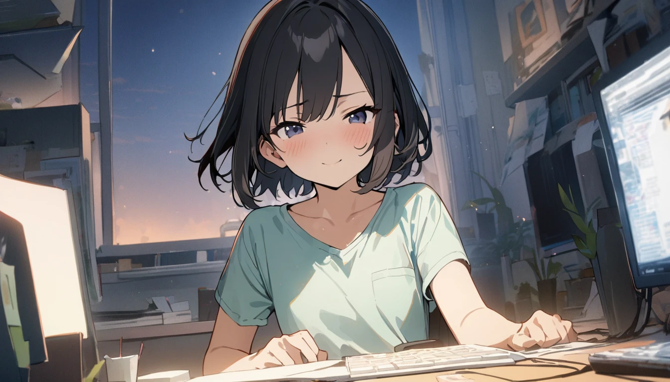 1girl, solo, gentle smile on her face flat chest, short hair, black hair, upper body, ((masterpiece, illustration, best quality)) ((best quality)), ((masterpiece)),（Pretty sister:1.3）、spring atmosphere、evening、aggressive、office、((impatient face))、Type into a computer、A lot of work、overtime