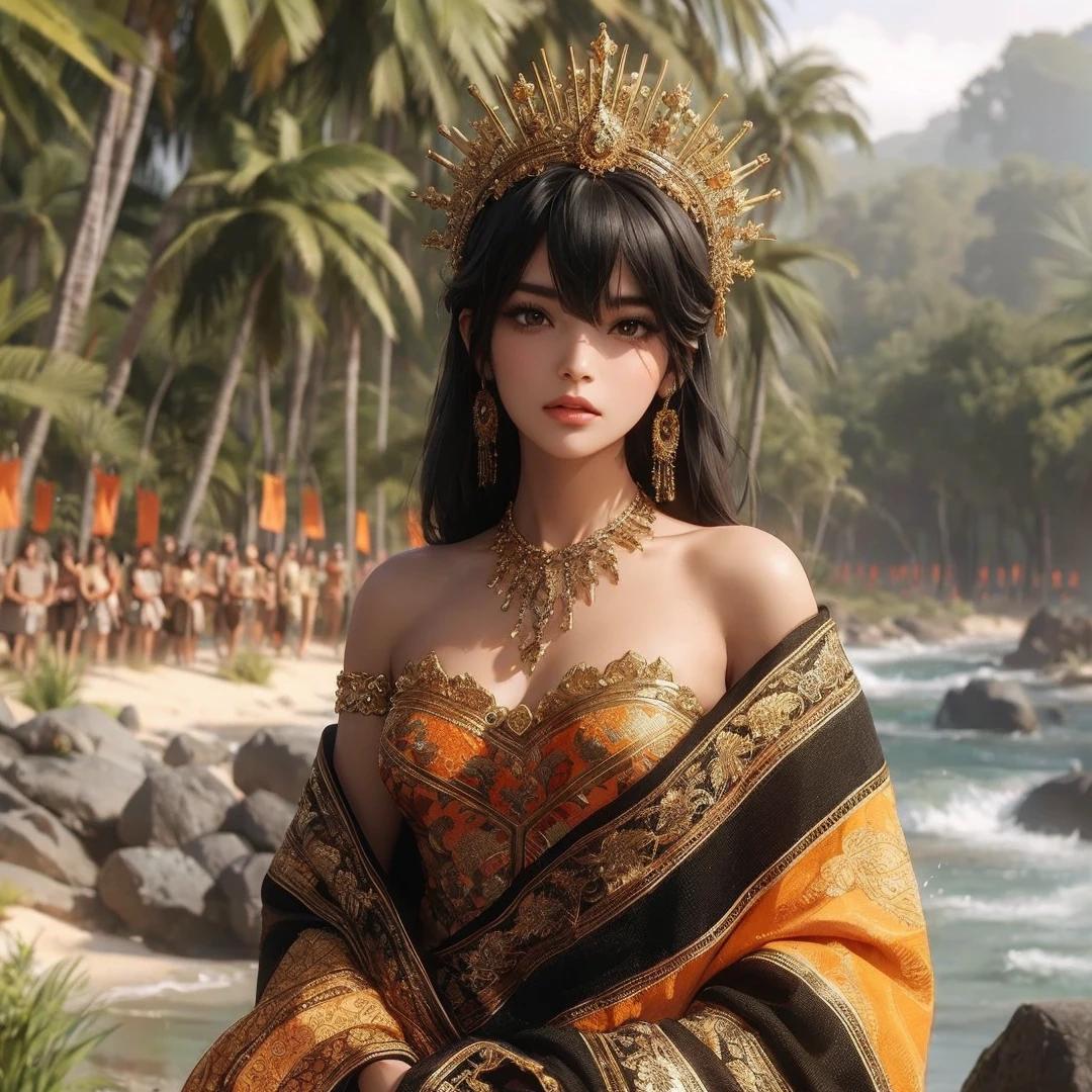 Beautiful girl, black hair, brown eyes, gold crown, gold necklace, orange and black dress