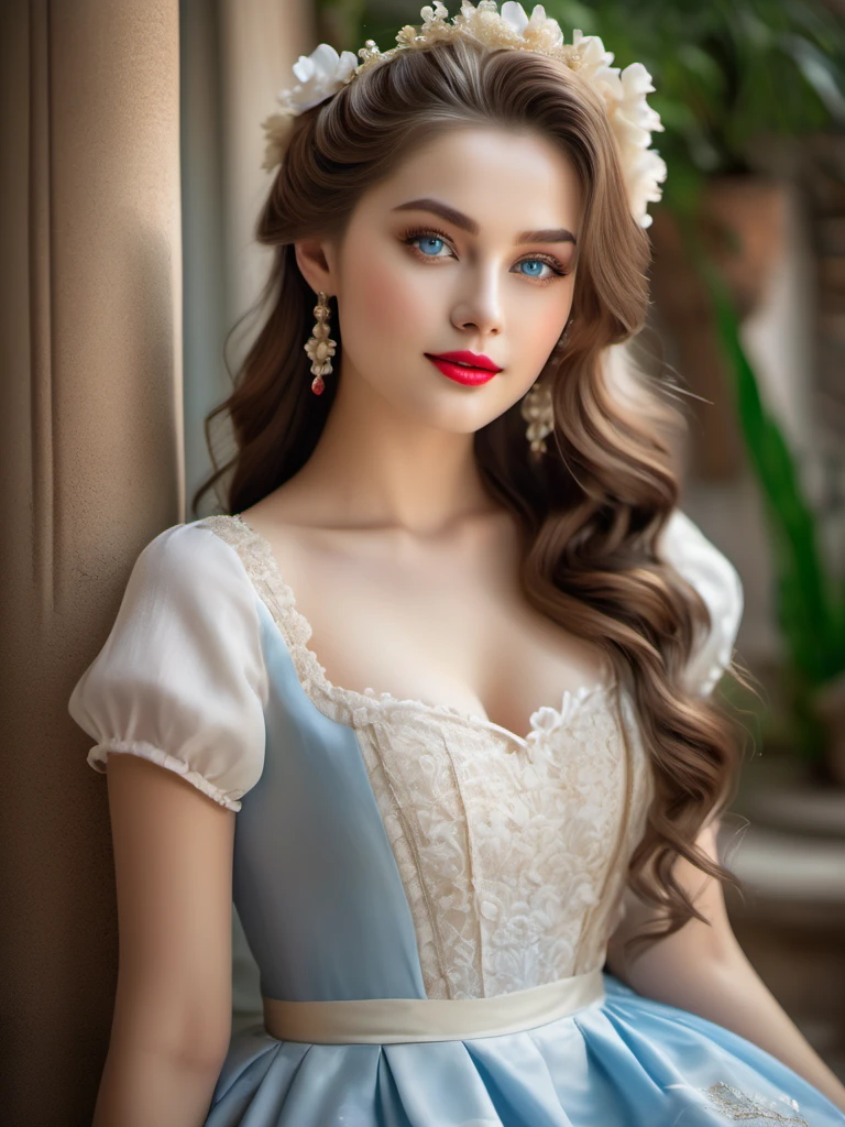maid outfit,cute girl,beautiful blue eyes,elaborate hairstyle,gorgeous long hair,vivid white skin,delicate features,plump red lips,flawless complexion,alluring gaze,natural beauty,adorable smile,elegant posture,enchanting charm,sensual femininity,feminine allure,lush lashes,captivating presence,charming personality,innocent yet seductive,gentle and graceful,blossoming youthfulness,fetching curves,fashionable attire,sexy and stylish,high-quality materials,exquisite craftsmanship,attention to detail,lovely aesthetics,eye-catching elements,scenic background,harmonious composition,lively colors,soft and gentle lighting,high-quality image resolution,ultra-detailed portrayal,pure and ethereal,refreshing and delightful,ensuring top-notch artistic quality,masterpiece:1.2,ultra-realistic,photorealistic:1.37