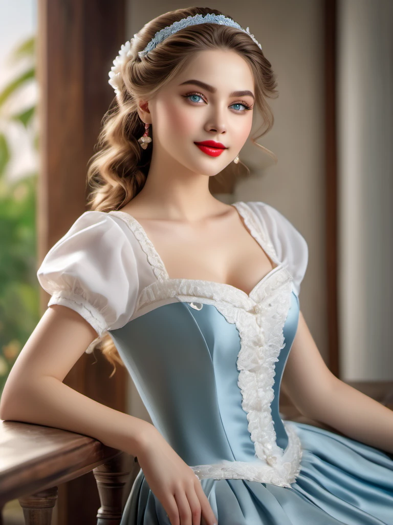 maid outfit,cute girl,beautiful blue eyes,elaborate hairstyle,gorgeous long hair,vivid white skin,delicate features,plump red lips,flawless complexion,alluring gaze,natural beauty,adorable smile,elegant posture,enchanting charm,sensual femininity,feminine allure,lush lashes,captivating presence,charming personality,innocent yet seductive,gentle and graceful,blossoming youthfulness,fetching curves,fashionable attire,sexy and stylish,high-quality materials,exquisite craftsmanship,attention to detail,lovely aesthetics,eye-catching elements,scenic background,harmonious composition,lively colors,soft and gentle lighting,high-quality image resolution,ultra-detailed portrayal,pure and ethereal,refreshing and delightful,ensuring top-notch artistic quality,masterpiece:1.2,ultra-realistic,photorealistic:1.37