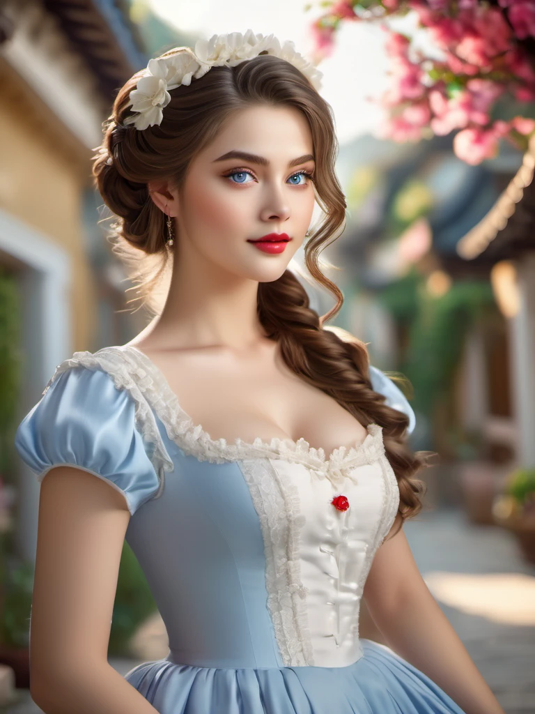 maid outfit,cute girl,beautiful blue eyes,elaborate hairstyle,gorgeous long hair,vivid white skin,delicate features,plump red lips,flawless complexion,alluring gaze,natural beauty,adorable smile,elegant posture,enchanting charm,sensual femininity,feminine allure,lush lashes,captivating presence,charming personality,innocent yet seductive,gentle and graceful,blossoming youthfulness,fetching curves,fashionable attire,sexy and stylish,high-quality materials,exquisite craftsmanship,attention to detail,lovely aesthetics,eye-catching elements,scenic background,harmonious composition,lively colors,soft and gentle lighting,high-quality image resolution,ultra-detailed portrayal,pure and ethereal,refreshing and delightful,ensuring top-notch artistic quality,masterpiece:1.2,ultra-realistic,photorealistic:1.37