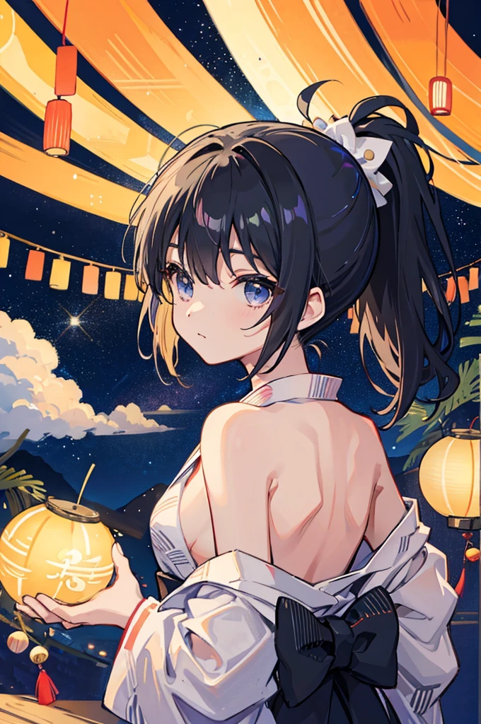 Tanabata、Strip、Milky Way Background、Black hair ponytail、yukata