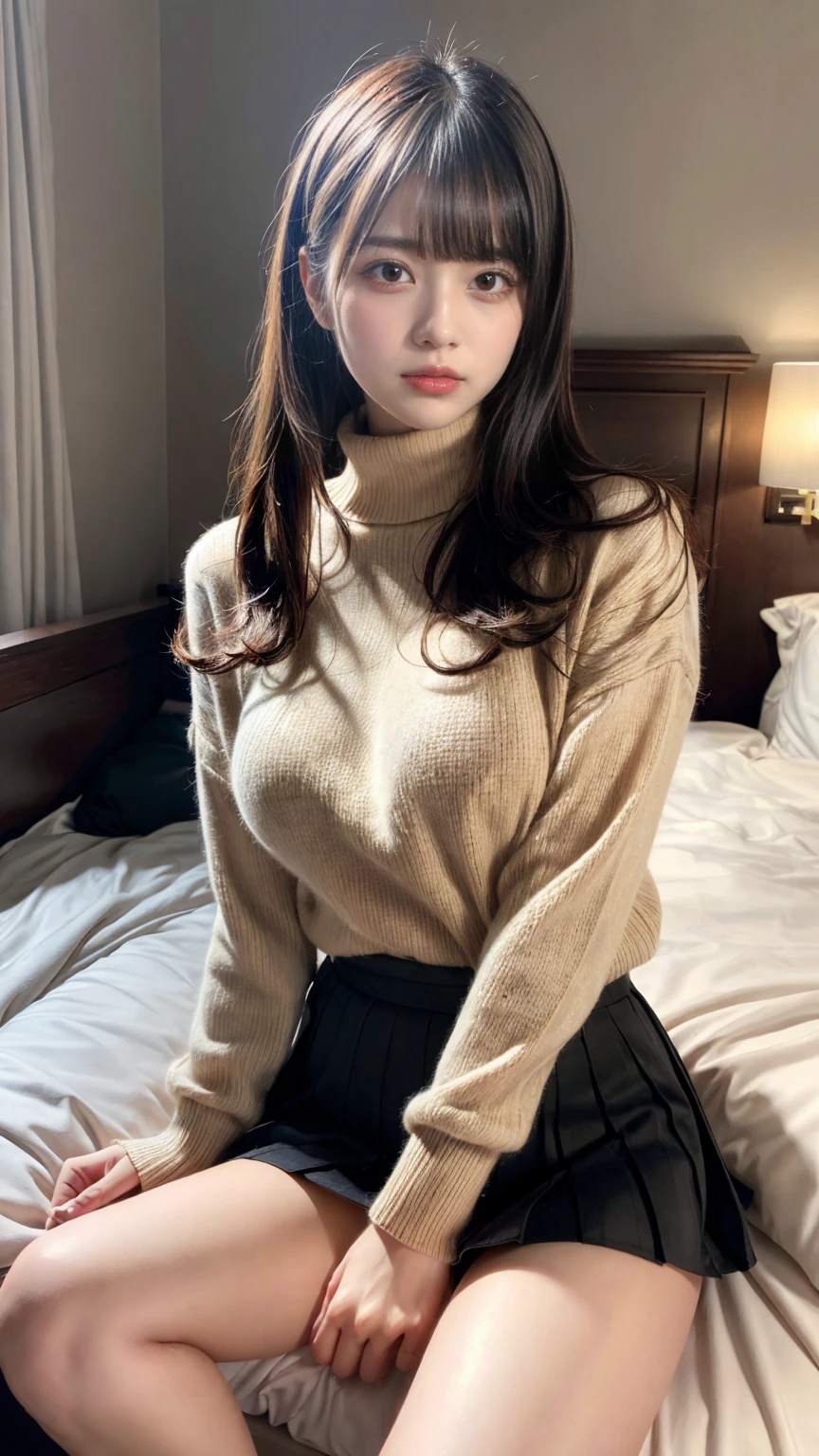 masterpiece, best quality, illustration, Super detailed, fine details, High resolution, 8K,wall paper, perfect dynamic composition,(Details High quality, realistic depiction of eyes:1.3), Oversized turtleneck light beige sweater, pleated skirt, straight hair, large breasts, black hair color, Big Natural Color Lip, (perfect body shape), crying a little、cold gaze, Harajuku style、20 year old girl、cute type、lolita、beautiful legs, hotel room, Gravure Idol, Voluptuous thighs, (woman on top, straddling, sitting)