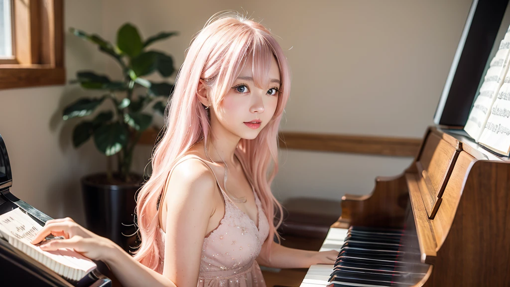 playing piano.Ai Hoshino, beige pink hair, Blue Hair,Long Hair, favorite , Beautiful, shining eyes, Stars in my eyes, Idol,Long pink hair