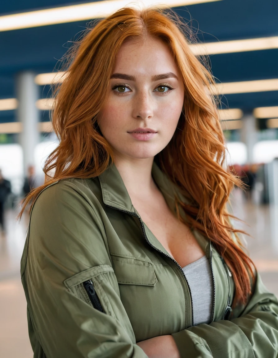 25 Year Old Woman, peau clair, taches de rousseur discretes, long light red hair, Brown eyes, big natural tits, portrait demi-corps, airport jacket in khaki color, haute qualité 8k