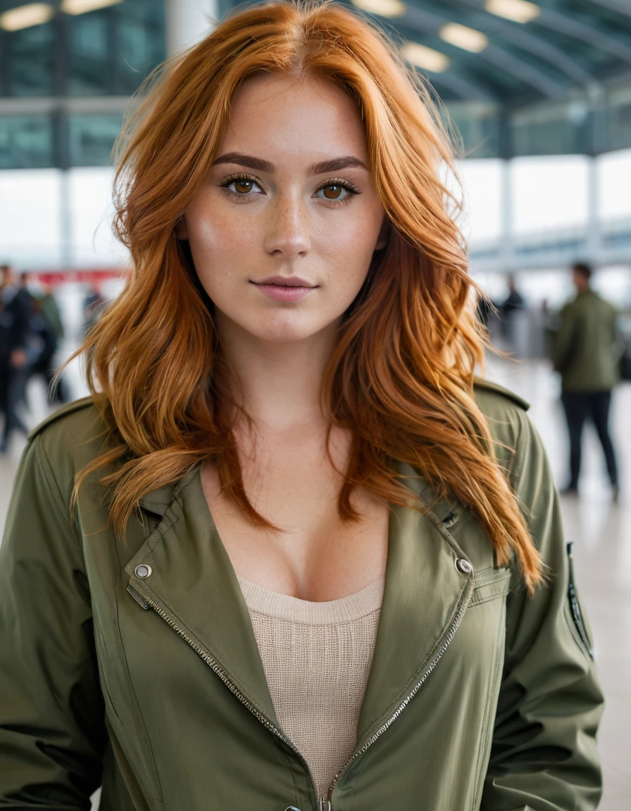 25 Year Old Woman, peau clair, taches de rousseur discretes, long light red hair, Brown eyes, big natural tits, portrait demi-corps, airport jacket in khaki color, haute qualité 8k
