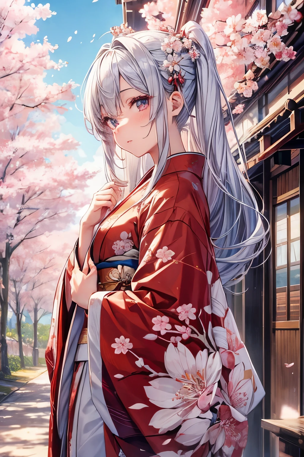 masterpiece,Highest quality,Very detailed,A beautiful girl with silver hair looking up at the sky,Beautiful and detailed eyes,Beautiful red kimono,skinny,Small breasts,Cherry blossom trees