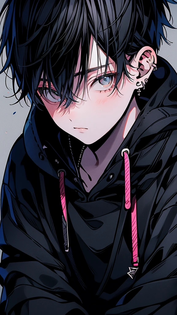 Highest quality,Cool boys,Charm,Black Hair,Short Hair,Gray Eyes,Staring at the audience,Wearing a hoodie,Hood down,One person,alone,Perfect Face,A gentle and soft look