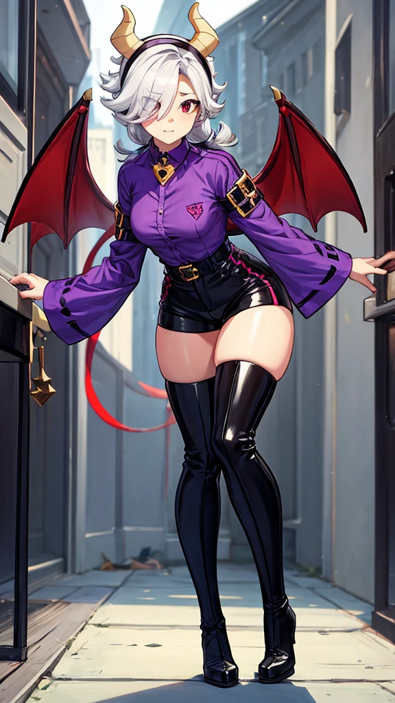 score_9, score_8_up, score_7_up, score_6_up, score_5_up, score_4_up, source_anime , colettetrixie, red skin, sharp teeth, hair over one eye, hairband, demon horns, colored sclera, purple shirt, purple shorts, demon wings, thigh high boots, black boots, heels,