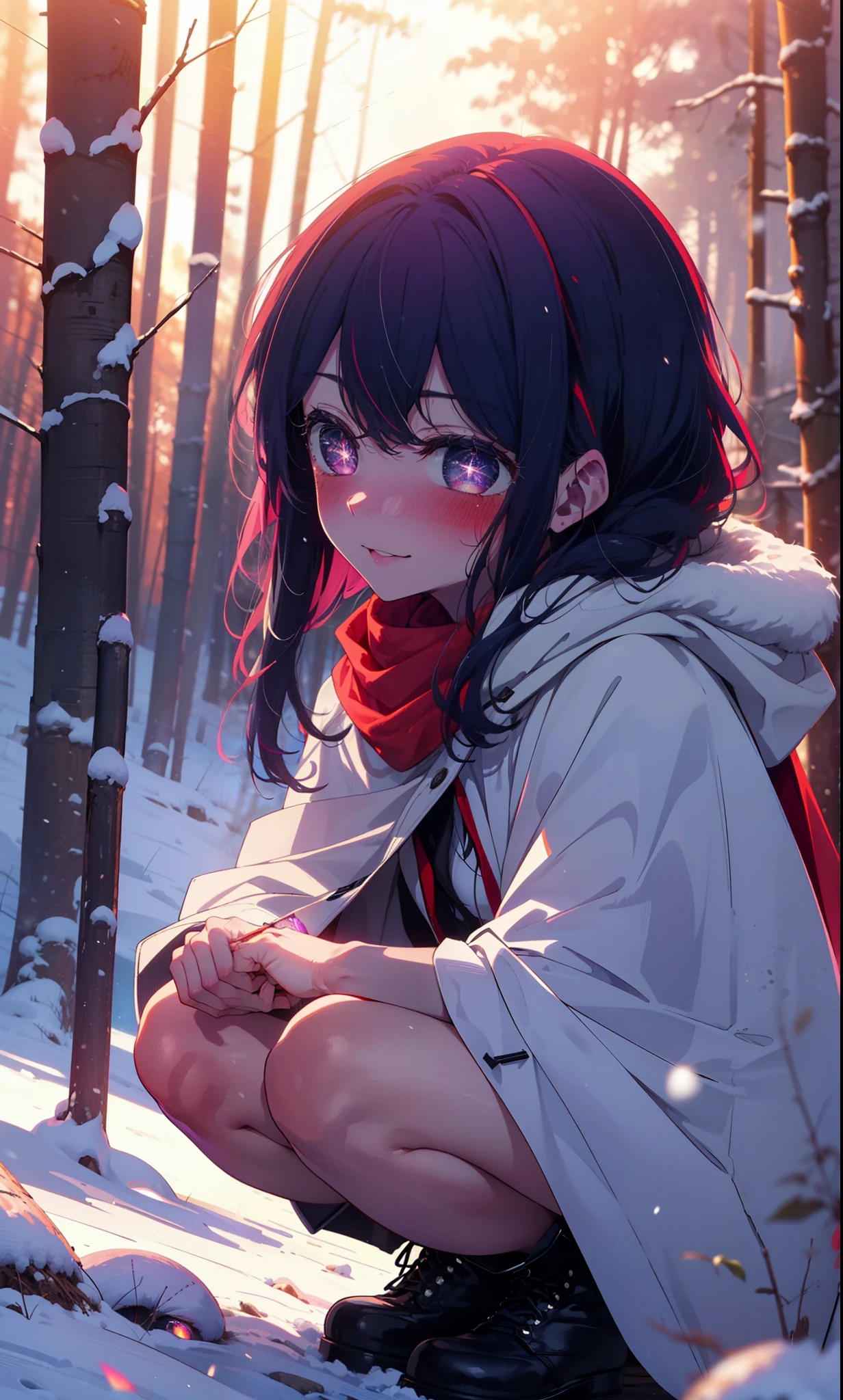 aihoshino, Ai Hoshino, Long Hair, bangs, (Purple eyes:1.1), Purple Hair, (Symbol-shaped pupil:1.5), smile,,smile,blush,White Breath,
Open your mouth,snow,Ground bonfire, Outdoor, boots, snowing, From the side, wood, suitcase, Cape, Blurred, , forest, White handbag, nature,  Squat, Mouth closed, Cape, winter, Written boundary depth, Black shoes, red Cape break looking at viewer, Upper Body, whole body, break Outdoor, forest, nature, break (masterpiece:1.2), Highest quality, High resolution, unity 8k wallpaper, (shape:0.8), (Beautiful and beautiful eyes:1.6), Highly detailed face, Perfect lighting, Extremely detailed CG, (Perfect hands, Perfect Anatomy),