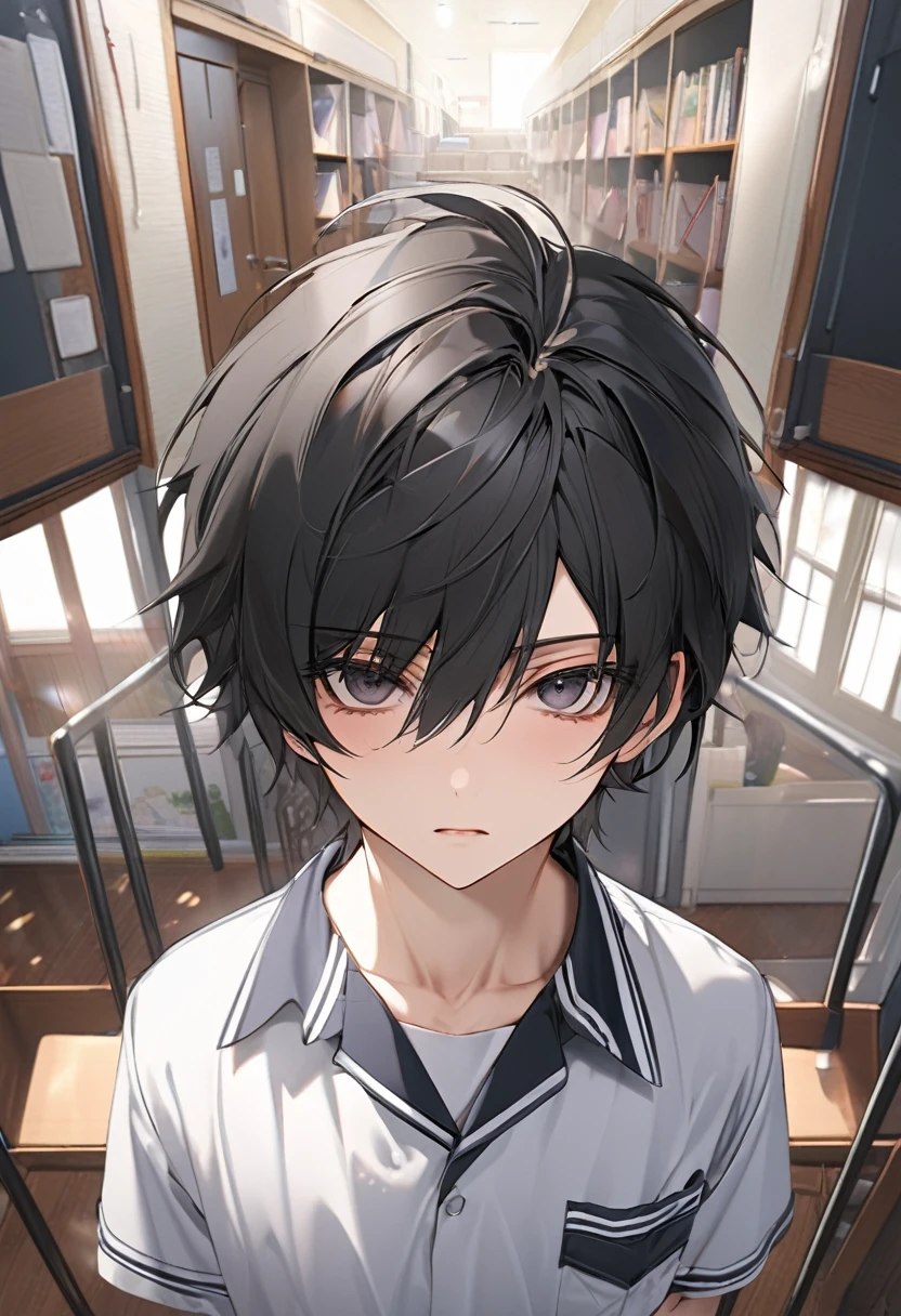 A highschool boy, handsome, perfect body, black hair, short hair, mullet, black eyes, upturned eyes, expressionless, black highschool uniform, anime, first-person view, masterpiece, anatomically correct, high details, highres, best quality, super detail, 1080P