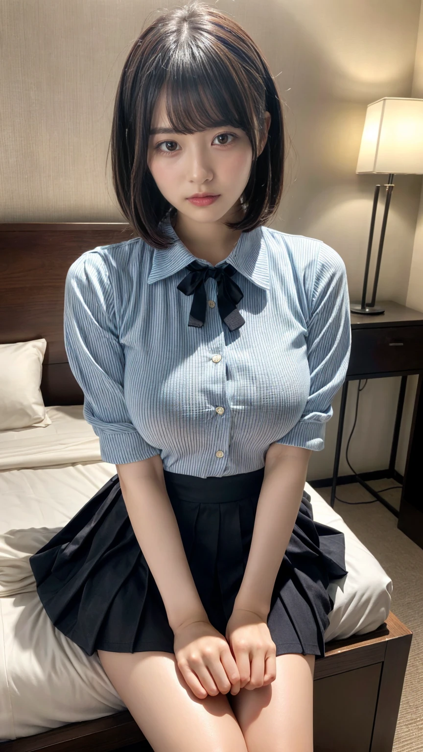 Masterpiece, highest quality, figure, Very detailed, Fine details, High resolution, 8k,wallpaper, Perfect dynamic composition,(Detailed high quality, Realistic depiction of eyes:1.3), (Collared shirt:1.1), Pleated skirt, Short Bob Hair、Black hair color, Big Natural Color Lip, Bold sexy pose, Crying a little、Cold Stare, Harajuku Style、Acrobatic pose, 20-year-old girl、Cute type、ta、Beautiful feet, Hotel Rooms, Idol Sculpture, Voluptuous thighs, Huge breasts