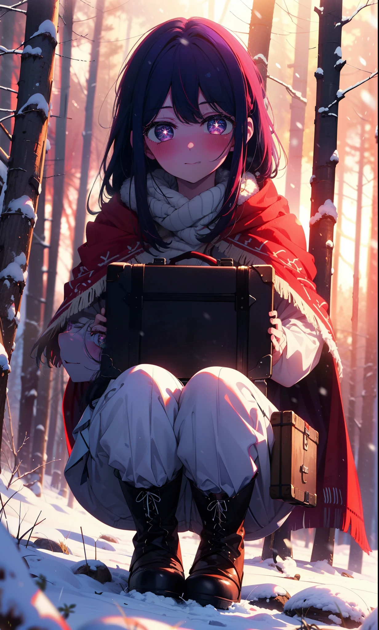 aihoshino, Ai Hoshino, Long Hair, bangs, (Purple eyes:1.1), Purple Hair, (Symbol-shaped pupil:1.5), smile,,smile,blush,White Breath,
Open your mouth,snow,Ground bonfire, Outdoor, boots, snowing, From the side, wood, suitcase, Cape, Blurred, , forest, White handbag, nature, Squat, Mouth closed, Cape, winter, Written boundary depth, Black shoes, red Cape break looking at viewer, Upper Body, whole body, break Outdoor, forest, nature, break (masterpiece:1.2), Highest quality, High resolution, unity 8k wallpaper, (shape:0.8), (Beautiful and beautiful eyes:1.6), Highly detailed face, Perfect lighting, Extremely detailed CG, (Perfect hands, Perfect Anatomy),