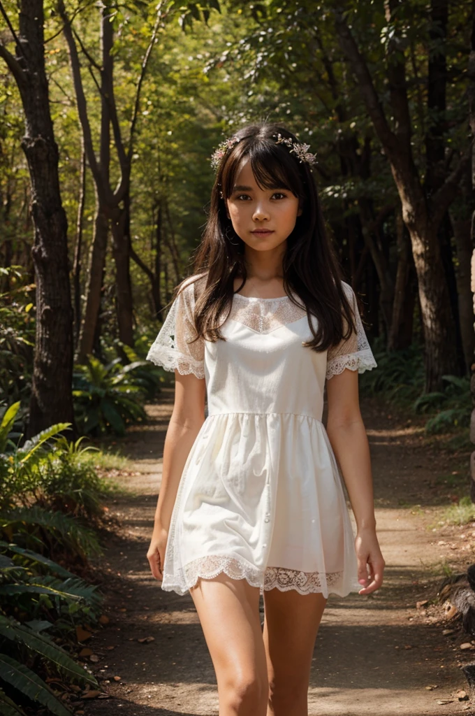 a 6 girl, transparent white lace mini dress, walking through a forest on a road, high resolution, extremely detailed face and eyes, detailed dress texture, natural lighting, photorealistic, masterpiece, cinematic composition, vibrant colors, warm color palette, dramatic shadows, bokeh background