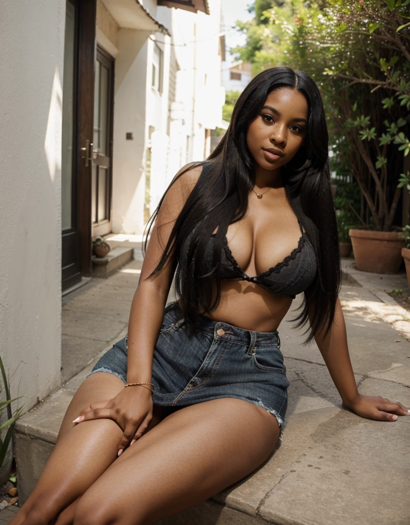 Mixed black ethnicity, curvy girl, long straight hair, sexy summer clothes, sexy pose