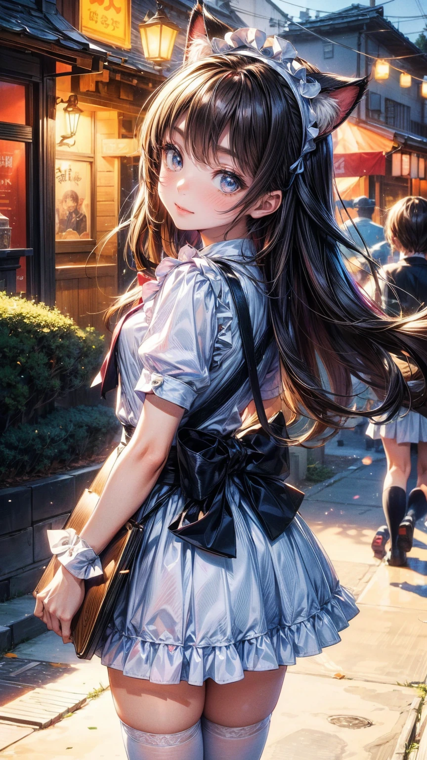 One Girl、(20-year-old woman)、Cat ears headband、Cat tail、Maid、Holding a tray with two parfaits on it in one hand、With the other hand, lift your skirt to show your underwear、Short skirt、White knee-high socks、Striped pants、Highest quality、8K、Beautiful Face、Mischievous smile、Wink、View Viewer、Bright cafe