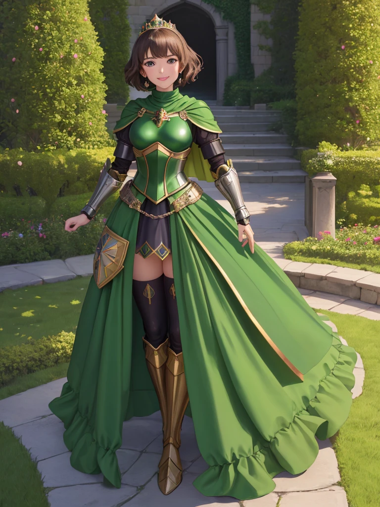 masterpiece, best quality:1.2), 1girl, smile, looking at viewer, green eyes, short brown hair, princess, armor, , pauldrons, armored dress, green cloak cape, wearing puffy blue ballgown skirt, golden tiara with green gem, armored boots, fingerless gloves, standing in medieval garden