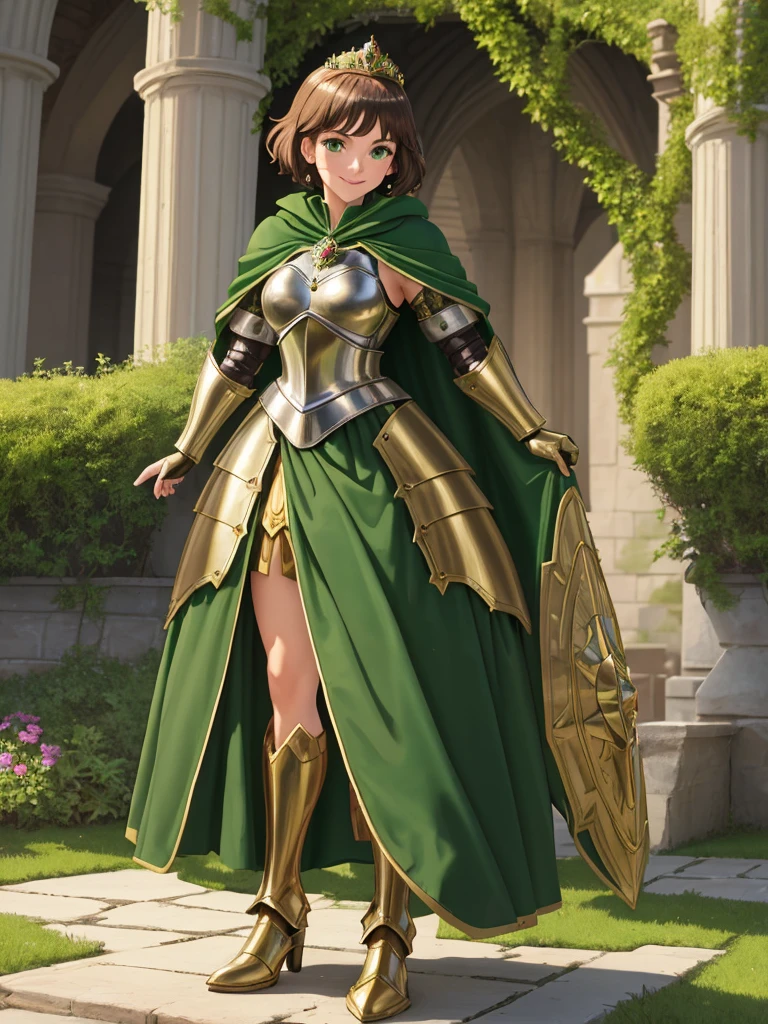 masterpiece, best quality:1.2), 1girl, smile, looking at viewer, green eyes, short brown hair, princess, armor, , pauldrons, armored dress, green cloak cape, wearing puffy blue ballgown skirt, golden tiara with green gem, armored boots, fingerless gloves, standing in medieval garden