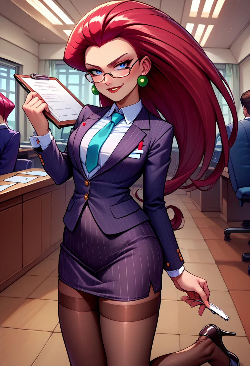 score_9,score_8_up,score_7_up,score_6_up, source_anime, 1girl, solo, (((EPpkJessie))), long hair, blue eyes, glasses, red hair, hair slicked back, pinstripe skirt suit, suit and tie, (((three-piece suit))), silk dress shirt, shirt and tie, necktie, ((blazer)), ((suit jacket)) ((waistcoat)), ((bodycon miniskirt)), stockings, high heels, tie clip, pocket square, tailored suit, (((cufflinks))),
office, holding clipboard, smug, confident, arrogant