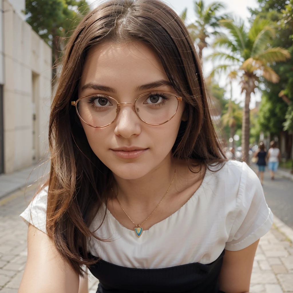 génére moi la plus belle femme au monde avec une tenue parfaite des bijoux parfait des accesoirs parfait je veux que tout soit trés originale avec une qualité hyper réaliste trés détaillée en 8k avec des lunettes dans les cheveux en non sur le nez